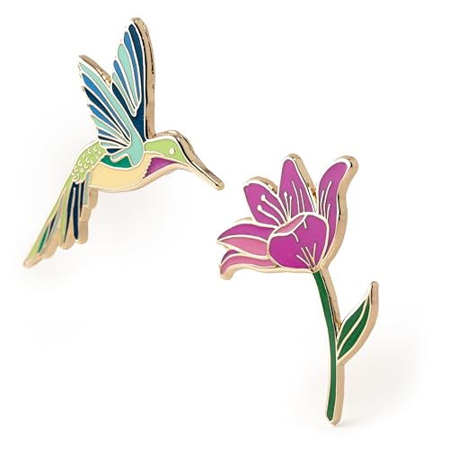 Image of 2 Piece Gift Set - Hummingbird & Pink Lily Flower Enamel Pin, Hummingbird Gifts