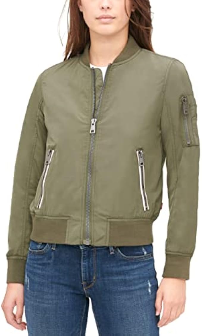 Levi's Women's Poly Bomber Jacket with Contrast Zipper Pockets, Army Green, Small