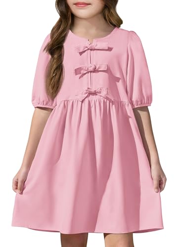 Yousify Girls Summer Dresses Cute Toddler Puff Short Sleeve Dresses A-Lined Flowy Trendy Bow tie Mini Dress Kids Outfits2