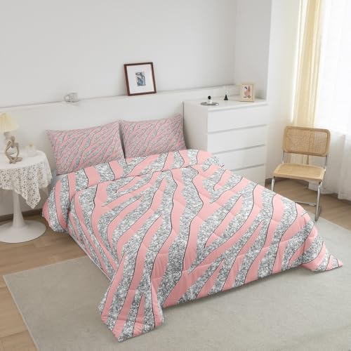 Image of Feelyou Women Leopard Bedding Set Girls Pink Silver Print Comforter for Kids Boys Teens Glitter Zebra Safari Animal Quilt Room Decor Duvet All Season King Size