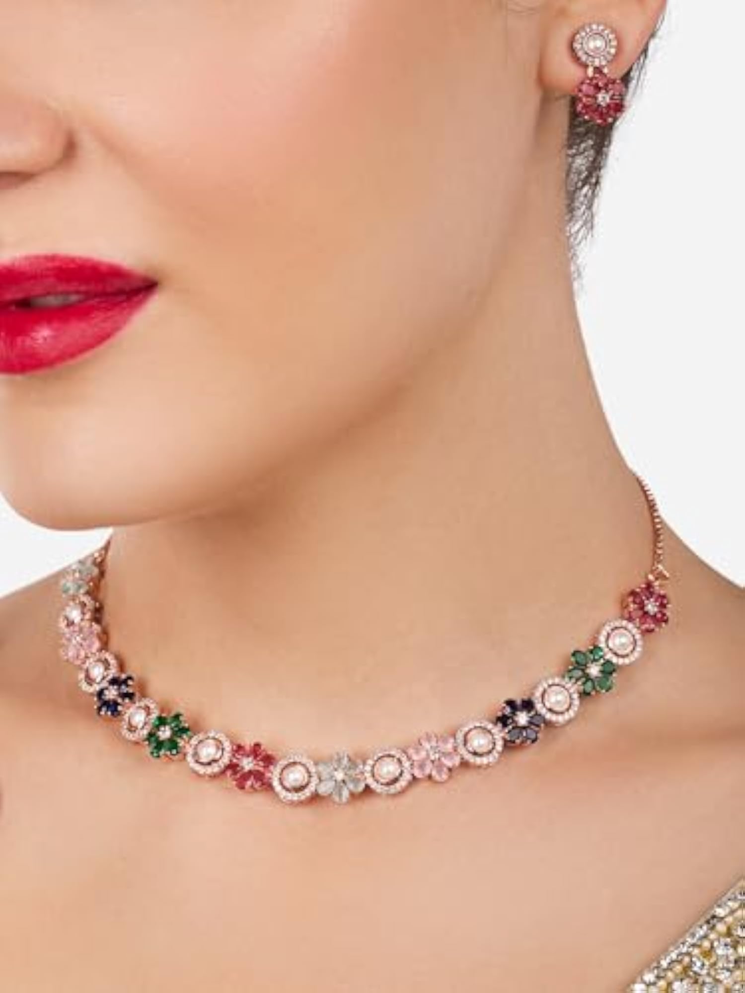 Flowers Dazzling Cubic Zirconia & Brass Necklace & Earring Set