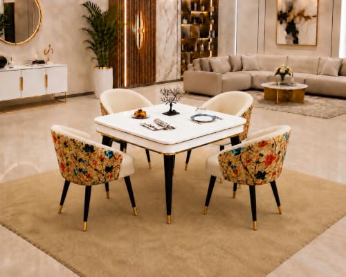 Image of WOODEN SPACE 4 Seater Wooden Dining Table Set | Urban Marble Top Dining Table with Chairs for Dining Room & Kitchen (Modern Classic Printed Beige) (42 x 42 x 30 inch)