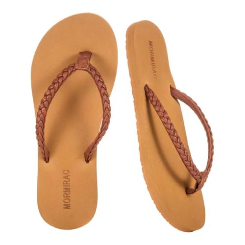 MORMIRAC Womens Slim Braided Comfortable Flip Flops Summer Beach Thong Sandals Arch Support Non Slip Brown US8