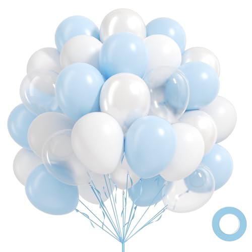 60pcs Blue and White Balloons 12inch Clear Pearl White Light Blue Balloons for Baby Shower Birthday Party Decorations