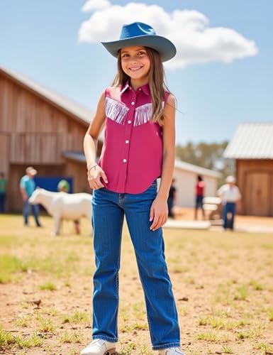 Image of Girls Fringe Shirt Sleeveless Button Down Western Cowgirl Tassel Trim Casual Blouse Shirt Top 4-13Y