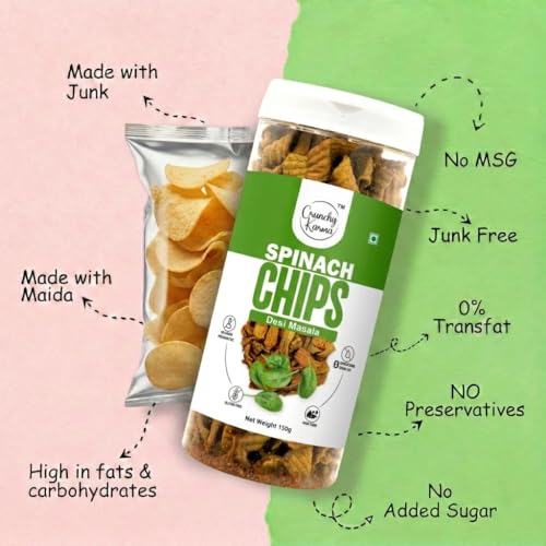 Image of Spinach Chips Desi Masala Flavor | Crunchy & Healthy Vegetable Chips | Gluten Free, High Fiber Snack | Low Calorie, No Added Preservatives | Indian Tasty Snack for All Ages - 150g