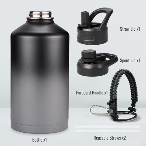 Image of Fijinhom Gallon Water Bottle with 2 Lids (Straw & Spout), 304 Stainless Steel Water Jug with Handle and Wide Mouth, 1 Gallon Vacuum Double Walled Jug for Sports, Outdoors, Black /Gray, 128 oz