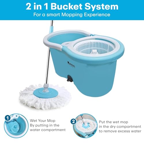Image of Mumma's LIFE Plastic Spin Mop Bucket, Moppers for Cleaning Floor, Mop Set Extendable Handle, Removable Wringer 360 with Floor Cleaner Mopping Stick (Round Mop Set)