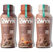 OWYN Only What You Need Double Shot Mocha Latte, Vanilla Latte and Caramel Macchiato Flavored Protein Shake, 20g Protein, 0g Sugar, 3g Fiber, 180mg Caffeine, Dairy Free, Plant Based Protein, 12 CT