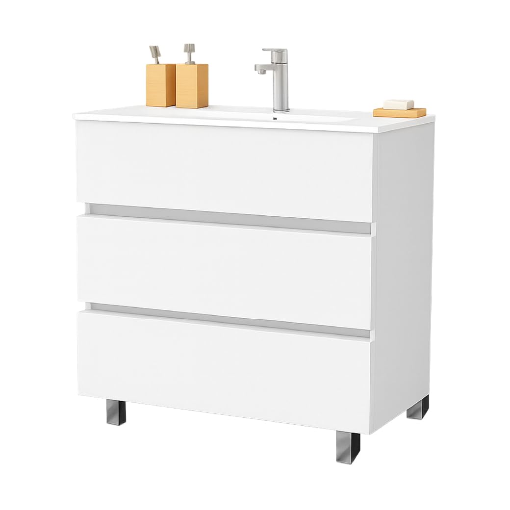Juego Mueble Baño con Lavabo. Mueble Lavabo 80 cm. Mueble Bajo Lavabo Compacto Preinstalado de Fábrica. Mueble Baño con Lavabo 80 cm con Pie de Porcelana. No Incluye Espejo.