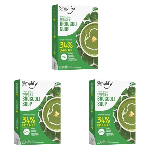 Image of Simplify Foods Spinach & Broccoli Instant Soup | Made with 34% Broccoli & 19% Spinach | Pack of 3 (Makes 500ml) | Just Add Hot Water | No Cooking Required | Clean Label | 0% Additives or Preservatives
