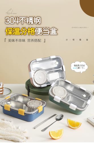 Image of 3 Compartment SUS304 Stainless Steel Lunch Box with Sauce Cup & Cutlery, Leak-Proof Partition Bento Box for School, Office & Travel