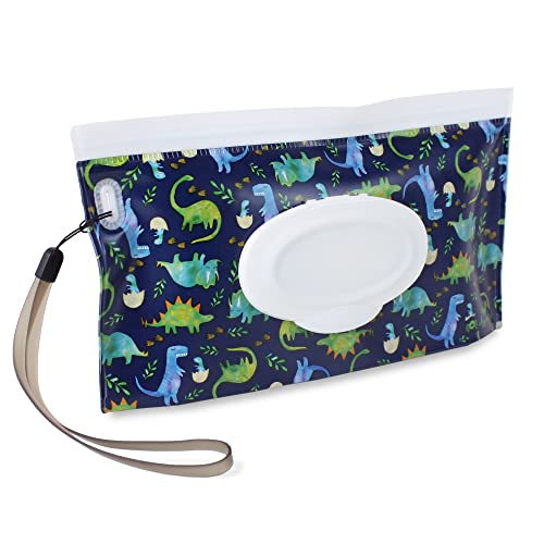 Image of Itzy Ritzy Travel Wipes Case - Reusable Wipe Pouch – Take & Travel Pouch Holds Up to 30 Wet Wipes, Includes Silicone Wristlet Strap, Raining Dinosaurs