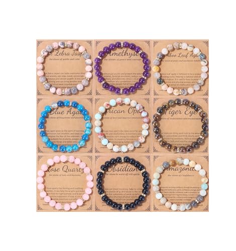 MOZAKA 9PCS Natural Crystal Bracelets for Women Men - 8mm Semi-Precious Gemstone Beaded Bracelets, Crystal Stretch Round Beads Bracelets Unisex Jewelry Gift