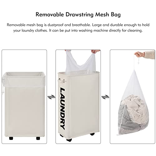 Dokehom 29-Inches Enlarged Slim Laundry Basket With Removable Wash Bag On Wheels, Collapsible Rolling Laundry Hamper, Foldable Narrow Corner Clothes Storage Bins (Beige) #TOP4