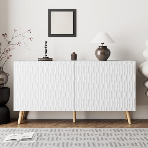 ECOTOUGE Entryway Table, Modern Farmhouse Buffet Cabinet with Storage, Coffee Bar with 4 Doors, Floor Sideboard Buffet with Hidden Door Handle for Living Room, Dining Room, Bathroom, White