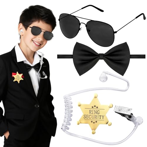 Pynqdfu 4 Pack Ring Wedding Bearer Set,Ring Security Wedding with Sun Glasses Security Badge EarPiece Bow Tie,Secret Service Cosplay for Kids Police Playing Accessory Toys,Halloween