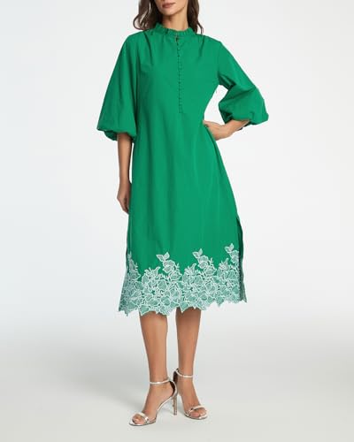 Kedera Womens Midi Summer Dresses Casual 3/4 Sleeve V Neck Button Up Embroidered Cotton Flowy Dress 2025 with Pocket2