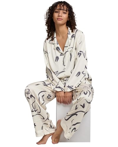Image of YiNi LuLu Womens Silk Satin Pajamas Set Button Down 2 Piece Pjs Long Sleeve Oversized Sleepwear with Pockets