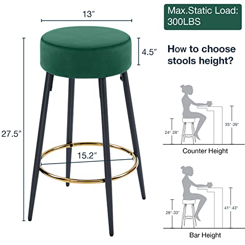 Fefances Dark Green Bar Stools Set Of 2 Modern Round Velvet Bar Stools Counter Height Bar Stool Kitchen Breakfast Round Dining Chair 27.5 Inch Height #TOP2