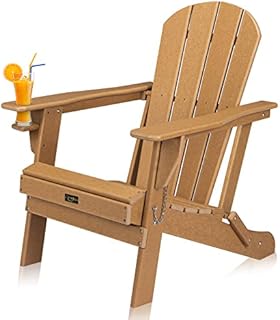 VINGLI Folding HDPE Adirondack Chair with Cup Holder 100% Recyclable Plastic Material Patio Lounger Armchair Lawn Chairs Furniture Deck, Balcony, Garden, Campfire Chairs (Teak)