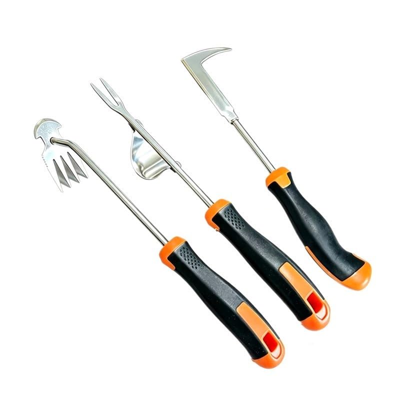 Set 1-3 Pezzi Sarchiatore Manuale Professionale, Attrezzi Giardino in Acciaio Inox con Manico Legno/Gomma, Estrattore Erbacce e Gancio per Diserbo (25-50cm)(3pcs 4-Tooth Rubber Handle)