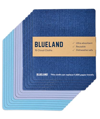 BLUELAND Cloud Cloth – Pacote com 15 panos de prato suecos – Toalha de esponja de cozinha natural ultra-absorvente reutilizável, feita de algodão natural e celulose vegetal – para cozinha, balcões e pratos de lavagem