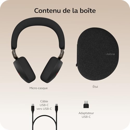 Jabra Evolve3 75 Casque on-Ear Bluetooth sans Fil avec Micro pour Travail, USB-C, IA Appel Vocal, Annulation Bruit Active Avancée, 22h, Compatible Applications de réunion en Ligne, Noir