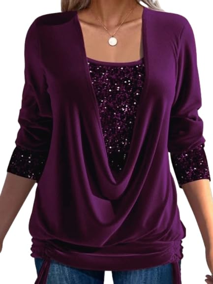 GAGFDA Sequin Loose Smocked Fake Two-Piece Top, Evening Tops Women Long Sleeve V Neck Solid Plus Size Loose Sequin T Shirt,for Party (Purple,S)