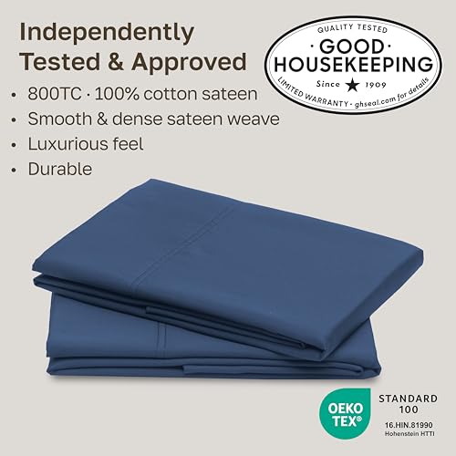 Image of California Design Den 800 Thread Count 2-Pack Pillowcases Queen Size | Soft & Thick 100% Cotton Sateen Backed by GH Seal, Classic Side Opening 4 inch Hem, Fits Standard & Queen Pillows - Classic Blue
