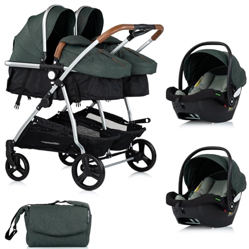 DUO SMART Cochecito para gemelos o niños de edades cercanas ancho 79 cm Verde + 2 acogedores i-Size verde