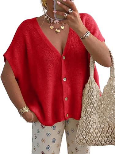 Image of Saodimallsu Womens Summer Oversized Cardigans Batwing Short Sleeve Lightweight Button V Neck Casual Knit Sweater Tops