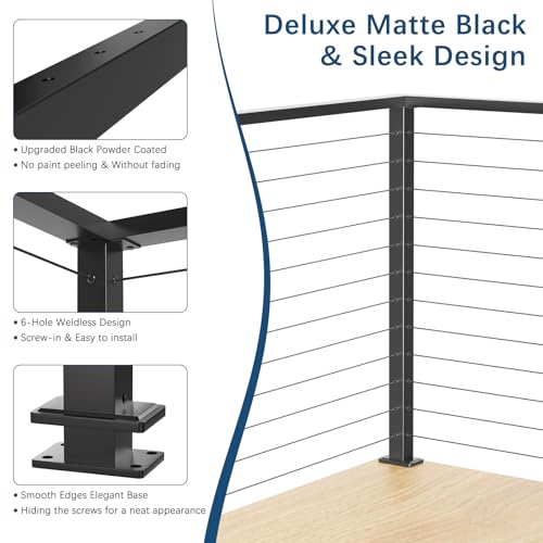 Image of 42 inch T-Drilled Corner Cable Railing Post, Three-Side Holes Stainless Steel T304 Corner Rail Post, Upgraded Black One-Post Corner Solution, Wire Metal Post for Indoor Outdoor Corner Railing