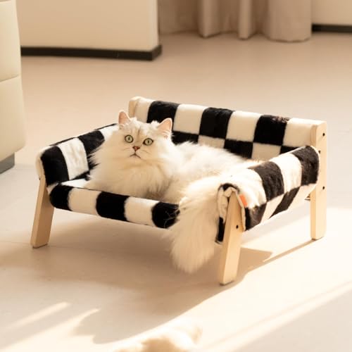 MEWOOFUN Erhöhtes Katzenbett Sofa aus Holz, 56x45cm robust großes Katzensofa – modischer Katzenstuhl mit abnehmbarem Matratzenbezug Belastbar mit 10 kg (Schachbrett, 56x45cm)