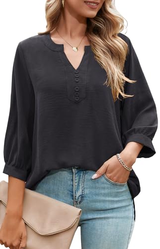 Odosalii Blusen & Tuniken für Damen 3/4 Ärmel Blusenshirt V-Neck Freizeit Oberteile Business Arbeit Women Schickes Bügelfrei Sommer Tunika Top Seitenschlitze Schlupfbluse Workwear Schwarz