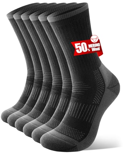 CLATOFO Merino Wool Hiking Crew Socks for Men & Women, Thermal Socks,Cushioned Anti-Blister, Breathable 3 Pairs(BLACK,L)