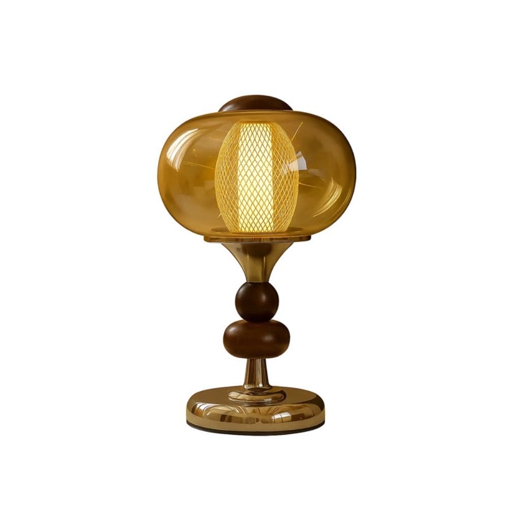 Lampada vintage in legno, luce notturna da comodino touch | Base in legno massello, paralume in vetro, controllo touch, metà secolo, luce notturna
