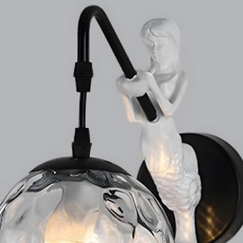 Image of Bofea-Modern Wall Sconces Black Wall Light Fixtures Globe Hallway Sconce Vintage Sconces Lighting with with Hammered Glass Shade & Resin Body Mermaid Unique Sconce for Bathroom Entryway Lamp