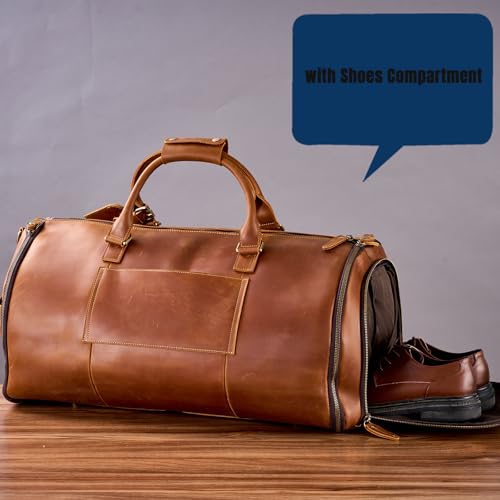Agdhersnvx Genuine Leather Convertible Garment Bag With Shoes Compartment Full Grain Leather Carry On Duffle Bag Garment For Men Women Weekender Hanging Business Suitcase For Travel Suit Vintagebrown thumb #4