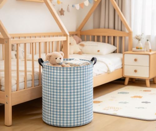 Image of Girls Laundry Basket Baby Nursery Hamper Toy Storage Bin(Blue Gird)