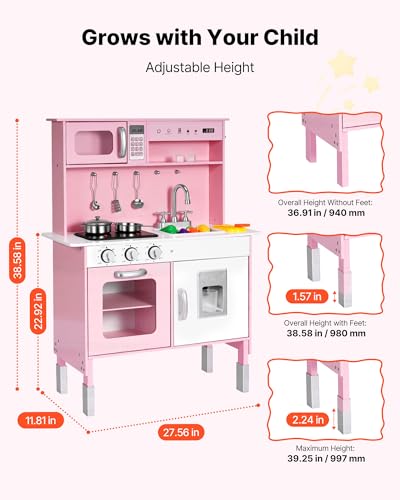 Image of VEVOR Play Kitchen for Kids, Wooden Kids Kitchen Playset with Real Lights & Sounds, Food & Cookware, Pretend Play Toy Set, Microwave, Oven, Clicking Knobs, for Toddlers, Girls & Boys Ages 3-8, Pink