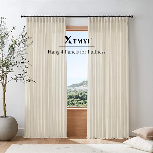 Image of XTMYI Beige 100 Inches Long Country Curtains for Living Room,Sheer Linen Shabby Chic Curtains for Bedroom,50 Inches Wide