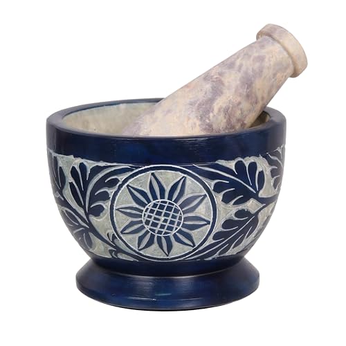 Divit Shilp Mortar and Pestle, Made of Heavy Duty Polished Hard Stone, Natural Stone Grinder For Spices, Pastes, Herbs, Seasoning etc. (Blue Mortar)