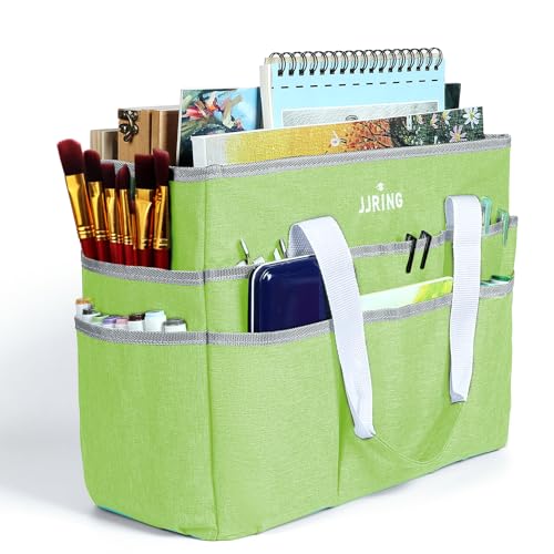 Image of JJRING Craft Organizer Tote Bag, Large Art Storage Caddy with Multiple Pockets, Cyan Sewing Bag for Art, Craft, Scrapbooking, School, Medical, and Office Supplies Storage