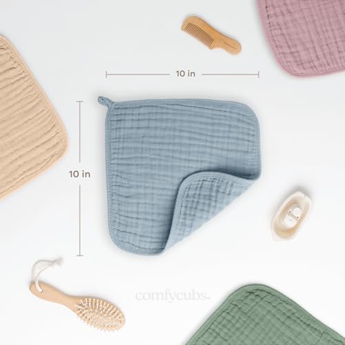 Image of Comfy Cubs Muslin Baby Washcloths 6 Pack - Soft 6-Layer Cotton Wash Cloths for Sensitive Skin - 10 inchx10 inch Large, Gentle, Absorbent Infant Essentials for Newborn and Toddlers - Pacific Blue