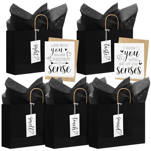 Kolldenn 5 Senses - Juego de etiquetas de regalo de papel kraft para marido, esposa, 5 bolsas de regalo, papel de seda, tarjeta de felicitación, 5 sentidos, regalo para él, ella, regalo de San