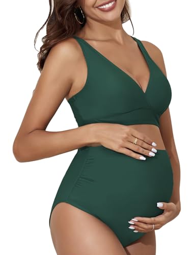 Maternity Swimsuit High Waisted Bikini Set Two Piece Pregnancy Bathing Suit V Neck Maternity Swimwear Adjustable Swimming Suit Green 2XL