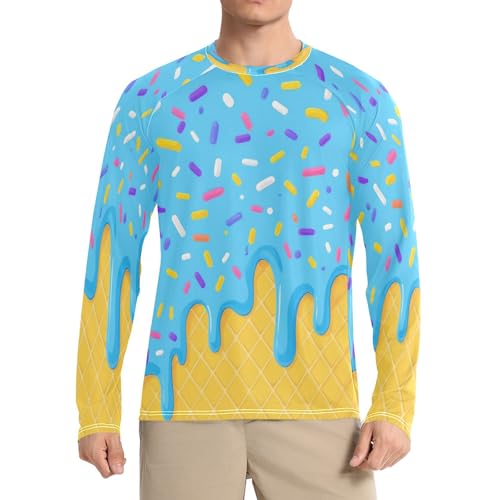 Mens Long Sleeve Rash Guard UPF 50+ Sun Protection Quick Dry Summer Ice Cream Blue Fishing Hiking Swim Shirt