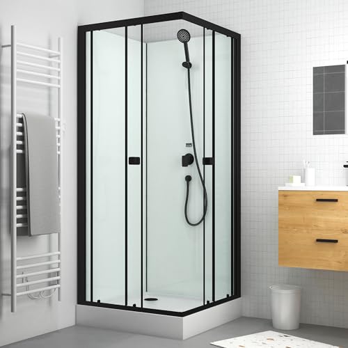 Cabine de douche carrée 80x80x200 cm - Portes coulissantes - Fonds Blancs & Profilés Noir Mat
