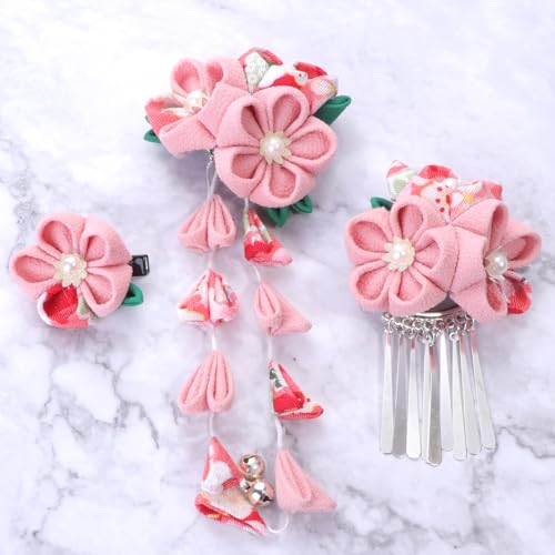 Lurrose clips para el cabello japoneses estilo kimono con flores, set de 3 piezas rosa metálico para mujer miniatura 3